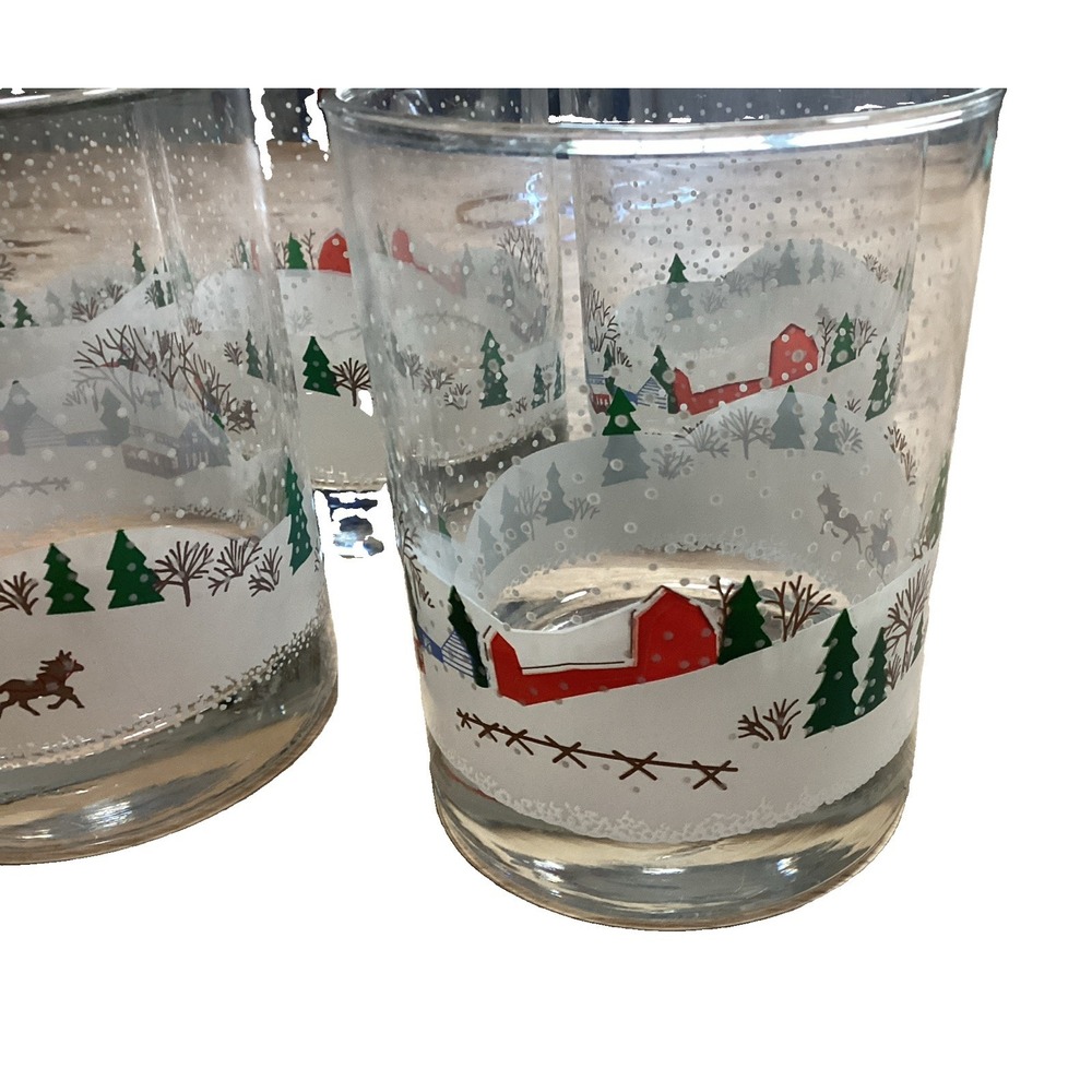 (8) Libbey Christmas Village Snow Winter Scene Vtg Old Fashion Glasses
